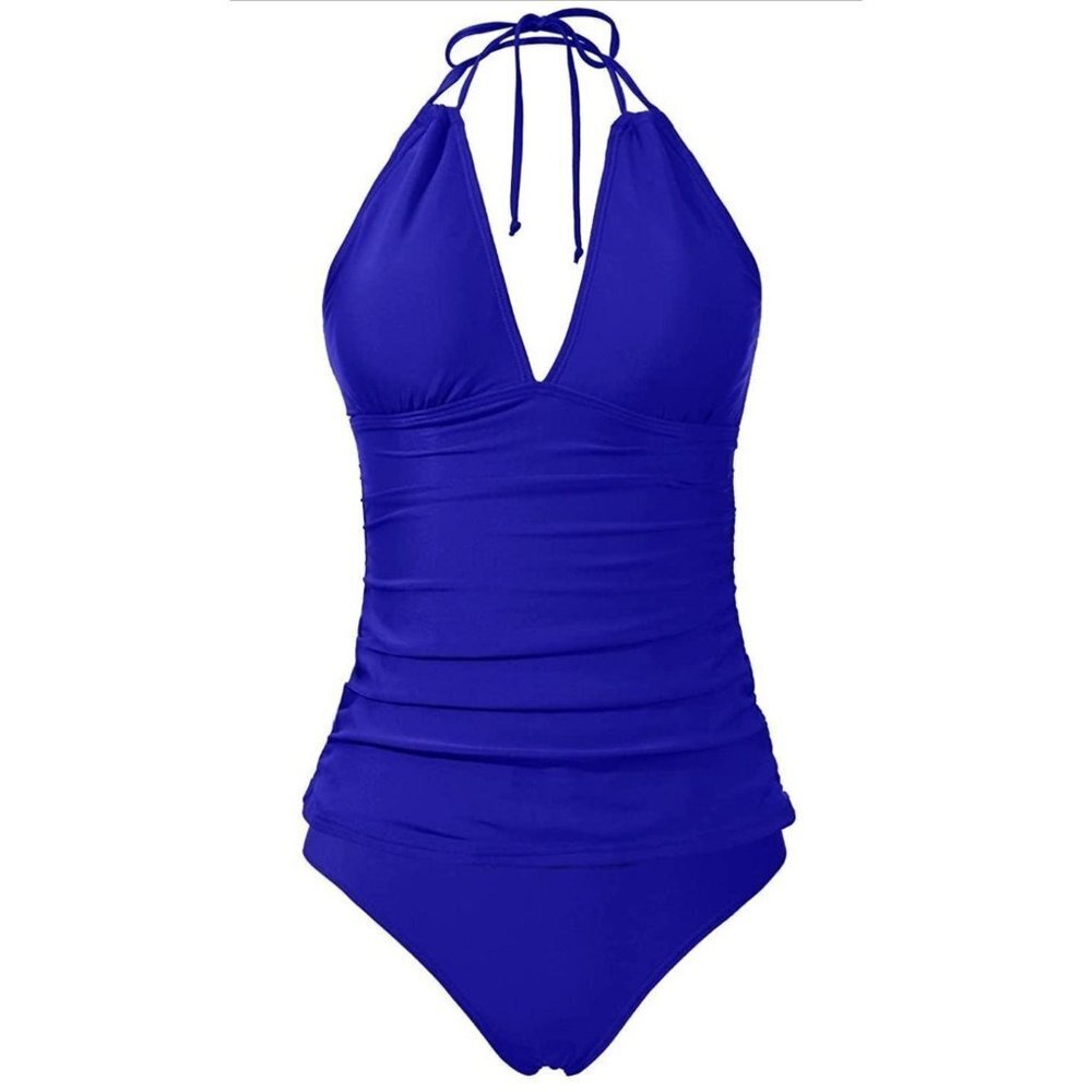 Womens Halter Tankini Swimsuits V Neck Tops with Bikini Bottom Two Piece-Med